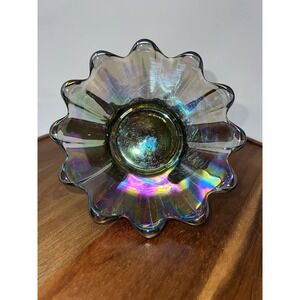 Iridescent Carnival Glass Trinket Dish Candy Bowl Ornate Brass Base Flower Shape